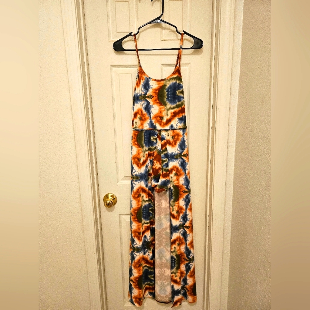 Poof New York Women's Romper Maxi‎ Dress Blue Orange Tie Dye Size Large